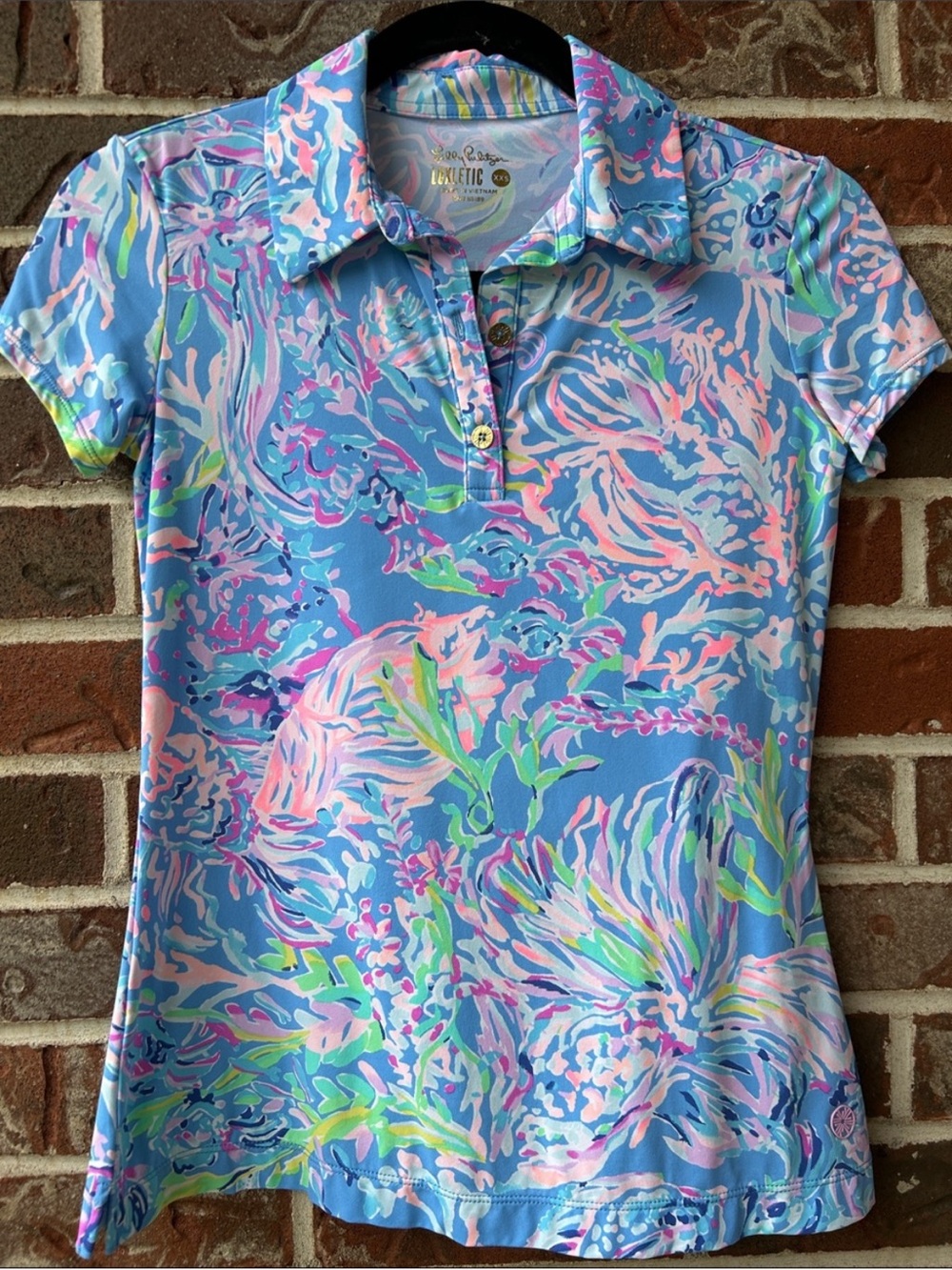 Lilly Pulitzer Short-Sleeve Polo in Blue with Pink & Green Ocean Print